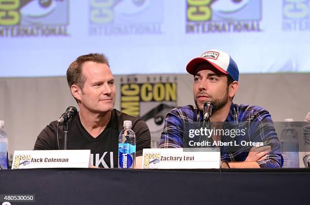 Actor Jack Coleman and actor Zachary Levi speaks onstage at the "Heroes Reborn" exclusive extended trailer and panel during Comic-Con International...