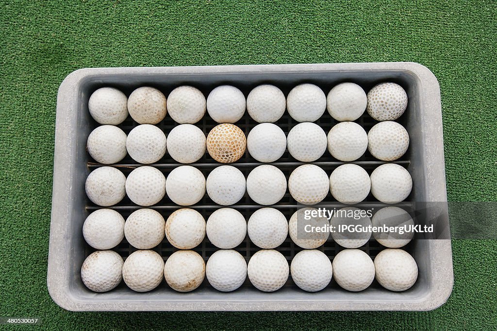 Rows of golf balls in tray on green