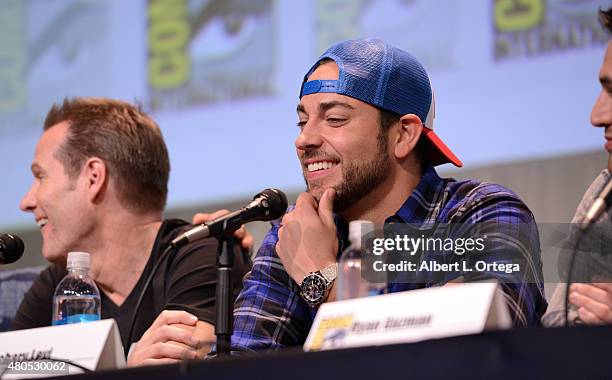 Actor Zachary Levi speaks onstage at the "Heroes Reborn" exclusive extended trailer and panel during Comic-Con International 2015 at the San Diego...