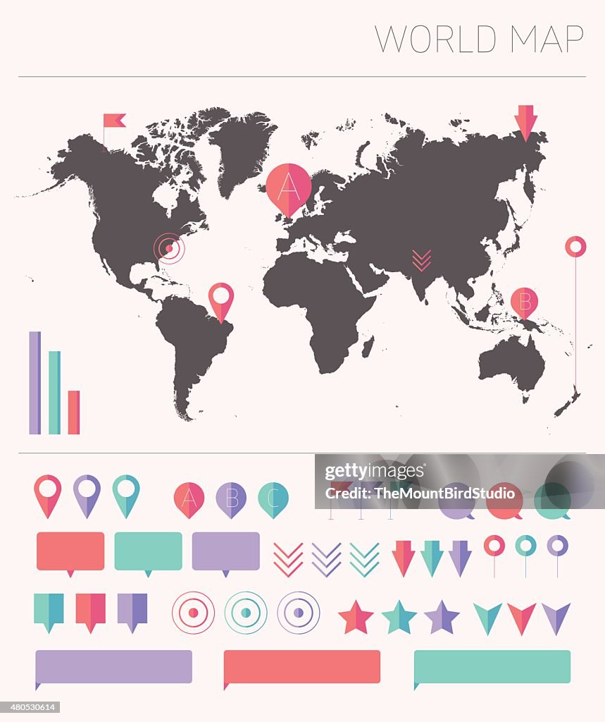 World map with set info graphics elements flat