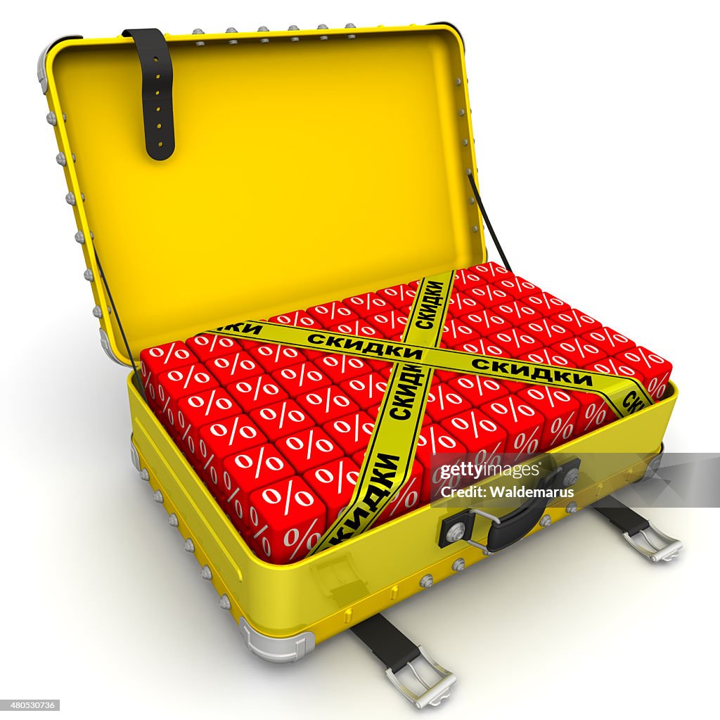 Open suitcase full of discounts. Financial concept