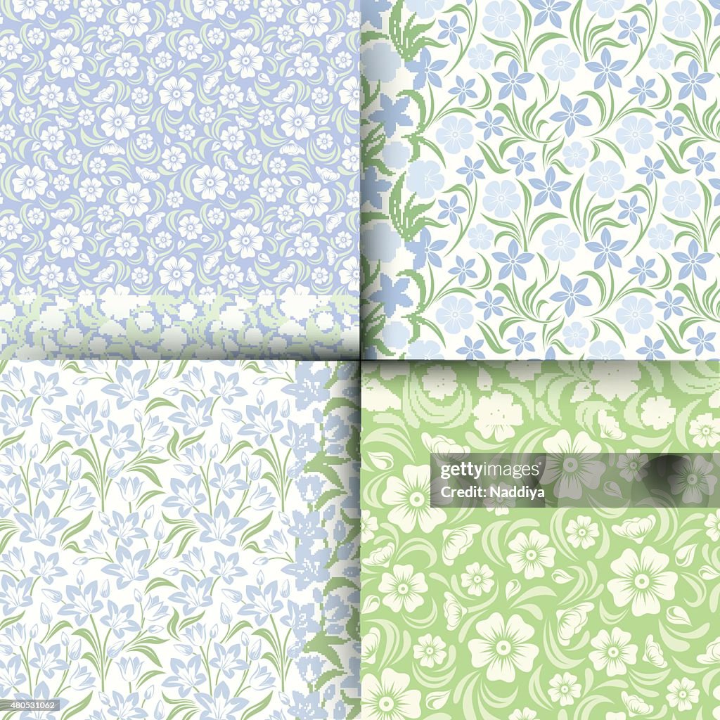 Set di blu e verde seamless pattern floreale. Illustrazione vettoriale.