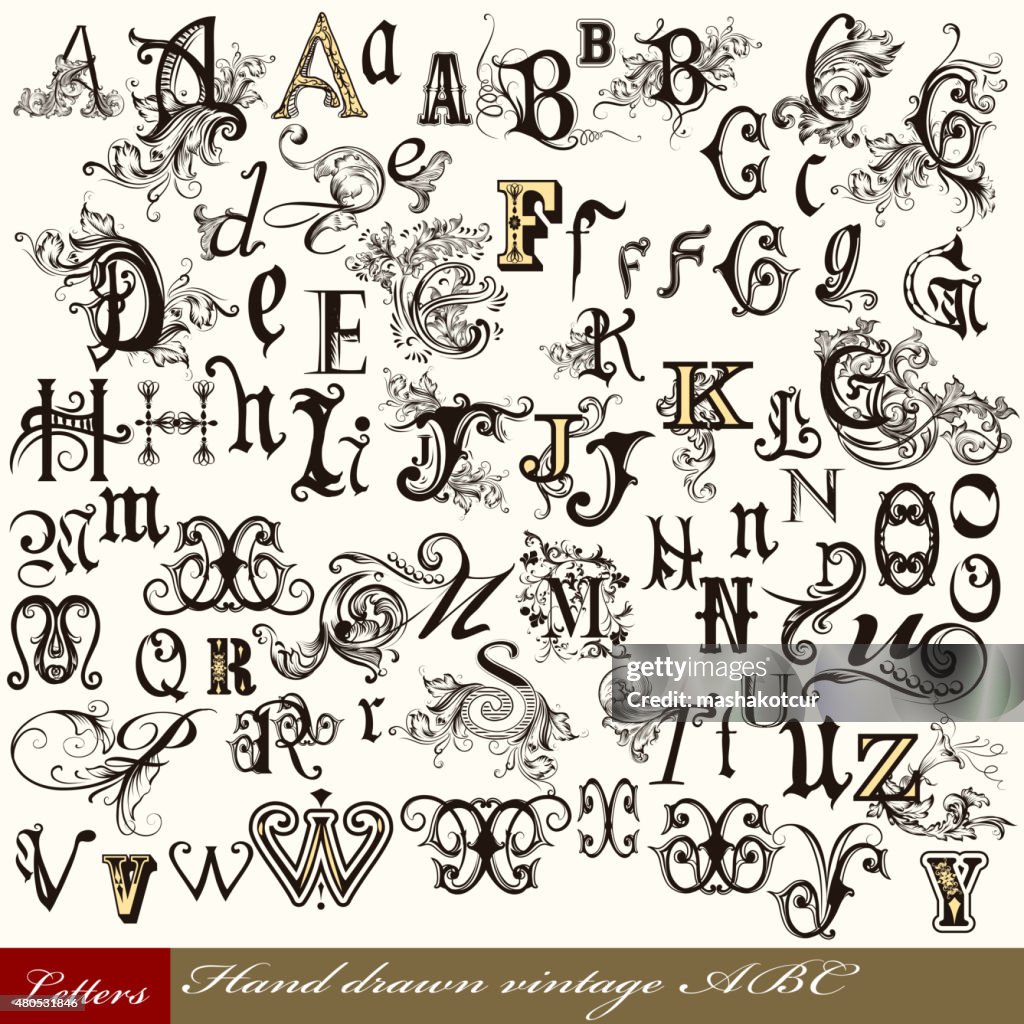 Collection of vector English ABC in vintage style with swirls