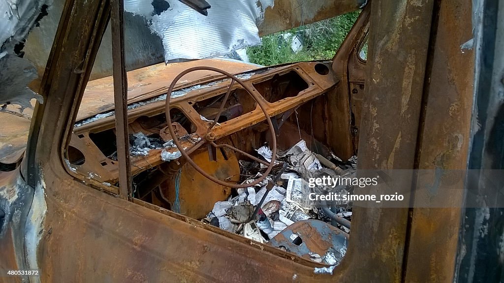 Inside of a burnt-out van