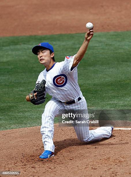 Tsuyoshi Wada of the Chicago Cubs pitches during a game against the Los Angeles Angels at Goodyear Ballpark on March 25, 2014 in Goodyear, Arizona.