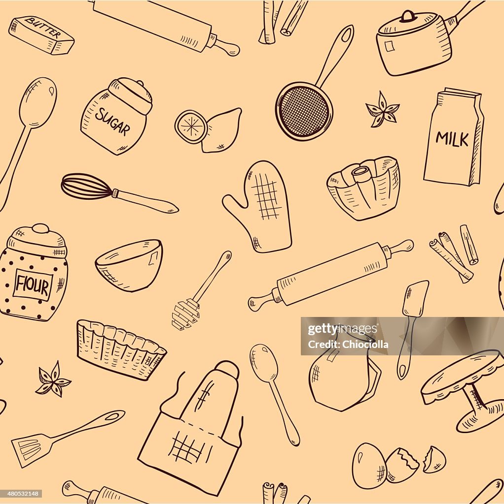 Pattern with hand drawn kitchen items