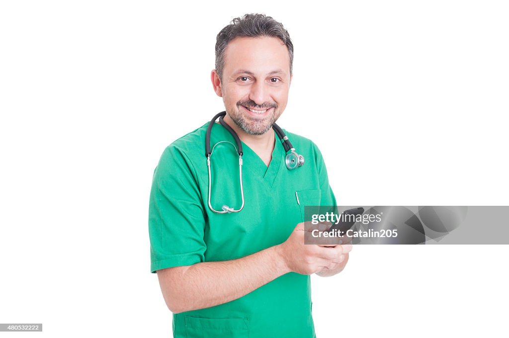 Young and modern doctor using smartphone