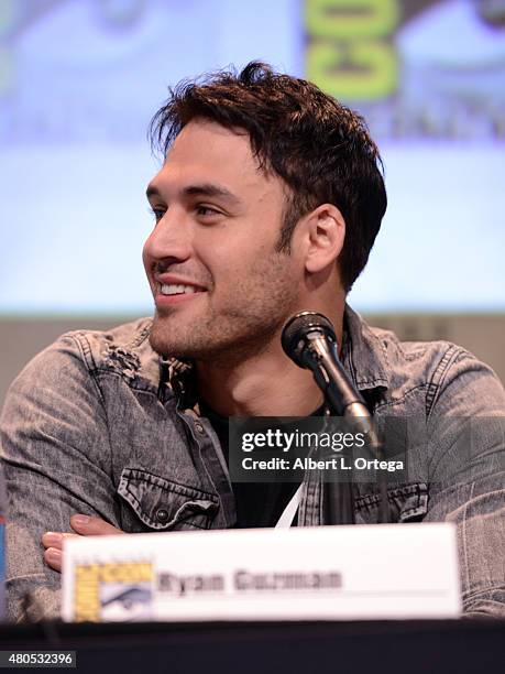 Actor Ryan Guzman speaks onstage at the "Heroes Reborn" exclusive extended trailer and panel during Comic-Con International 2015 at the San Diego...