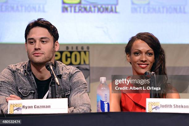 Actor Ryan Guzman and actress Judith Shekoni speak onstage at the "Heroes Reborn" exclusive extended trailer and panel during Comic-Con International...