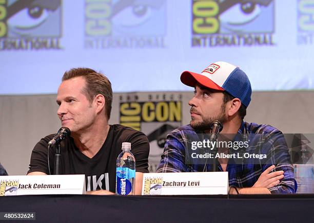 Actors Jack Coleman and Zachary Levi speak onstage at the "Heroes Reborn" exclusive extended trailer and panel during Comic-Con International 2015 at...