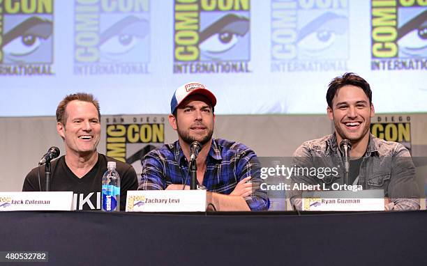 Actors Jack Coleman, Zachary Levi and Ryan Guzman speak onstage at the "Heroes Reborn" exclusive extended trailer and panel during Comic-Con...