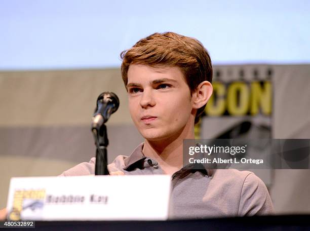 Actor Robbie Kay speaks onstage at the "Heroes Reborn" exclusive extended trailer and panel during Comic-Con International 2015 at the San Diego...