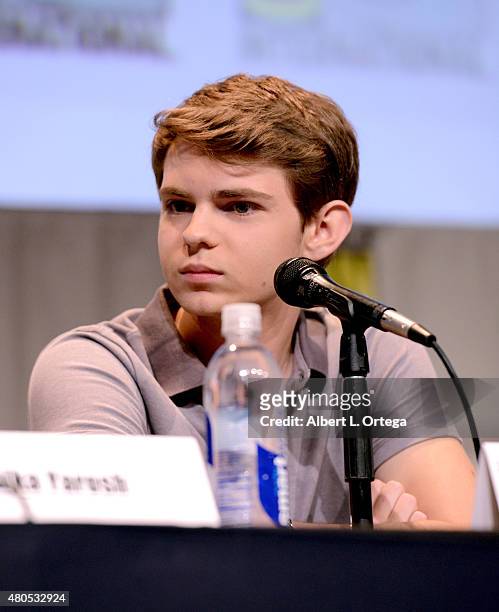 Actor Robbie Kay speaks onstage at the "Heroes Reborn" exclusive extended trailer and panel during Comic-Con International 2015 at the San Diego...