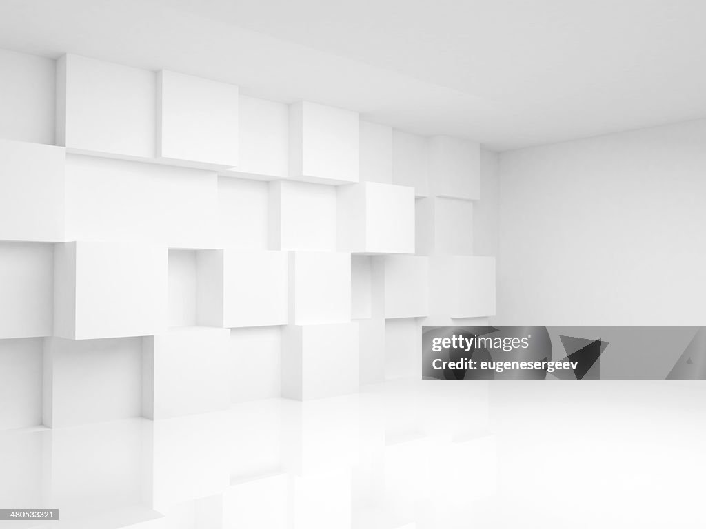 Abstract empty 3d interior with white cubes on the wall