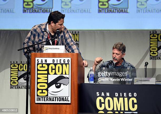 Actor Greg Grunberg and writer/producer Tim Kring speak onstage at the "Heroes Reborn" exclusive extended trailer and panel during Comic-Con...