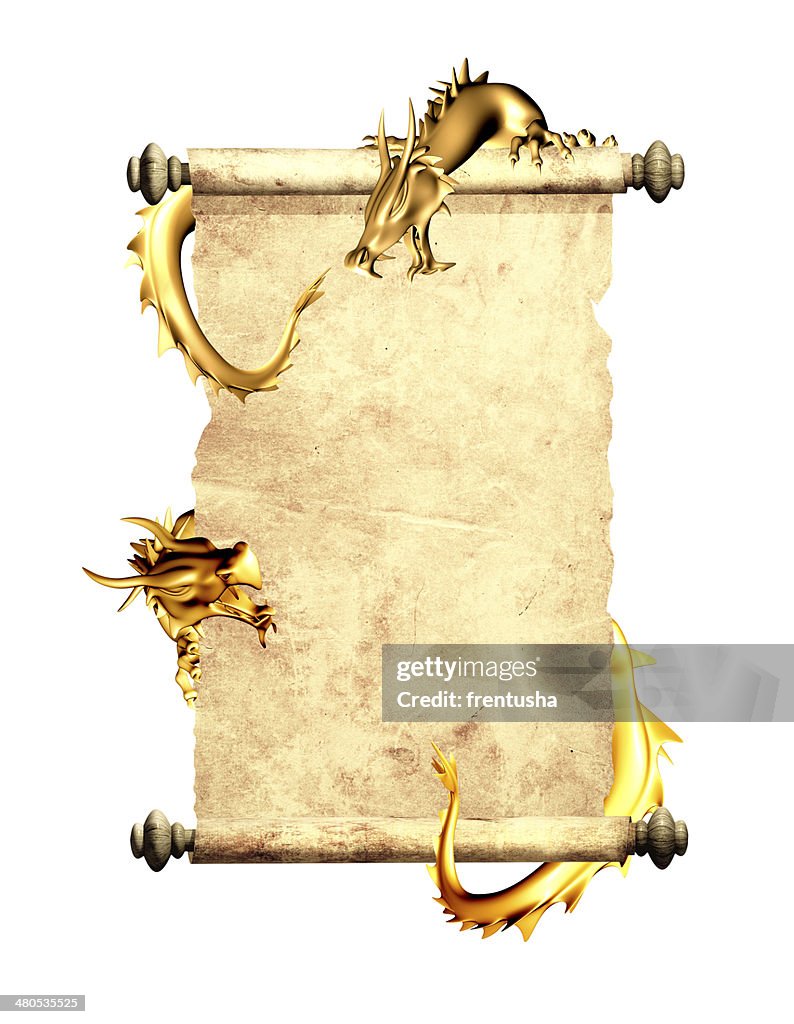 Dragons and scroll of old parchment