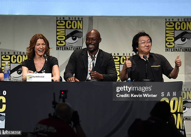 Actors Rya Kihlstedt, Jimmy Jean-Louis and Masi Oka speak onstage at the "Heroes Reborn" exclusive extended trailer and panel during Comic-Con...