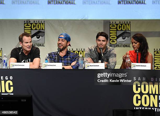 Actresses Jack Coleman, Zachary Levi, Ryan Guzman, and Judith Shekoni speak onstage at the "Heroes Reborn" exclusive extended trailer and panel...