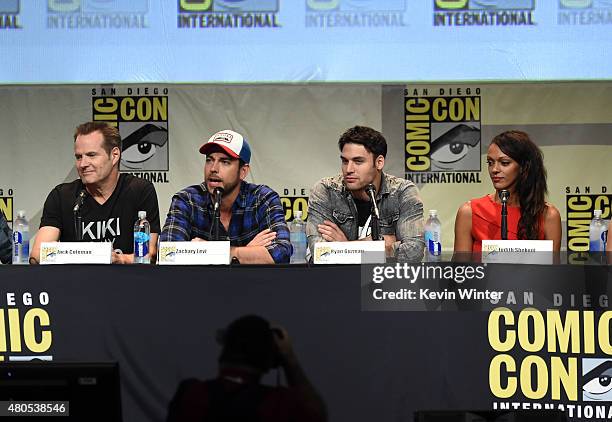 Actresses Jack Coleman, Zachary Levi, Ryan Guzman, and Judith Shekoni speak onstage at the "Heroes Reborn" exclusive extended trailer and panel...