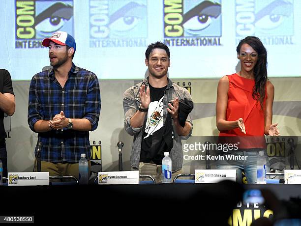 Actors Zachary Levi, Ryan Guzman and Judith Shekoni speak onstage at the "Heroes Reborn" exclusive extended trailer and panel during Comic-Con...