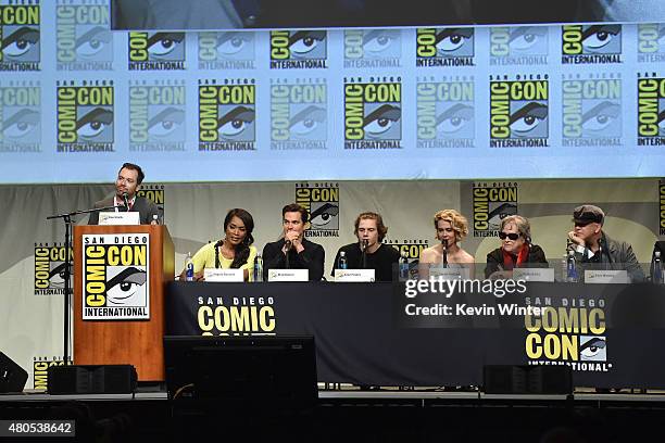 Moderator Timothy Stack, actors Angela Bassett, Matt Bomer, Evan Peters, Sarah Paulson and Kathy Bates and executive producer/writer Ryan Murphy...