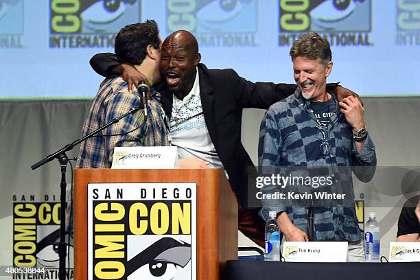 Actors Greg Grunberg, Jimmy Jean-Louis and writer/producer Tim Kring onstage at the "Heroes Reborn" exclusive extended trailer and panel during...