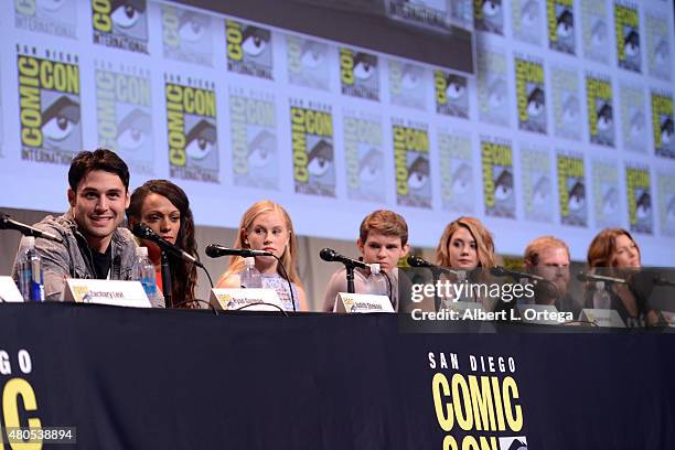 Actor Ryan Guzman and cast and crew speak onstage at the "Heroes Reborn" exclusive extended trailer and panel during Comic-Con International 2015 at...