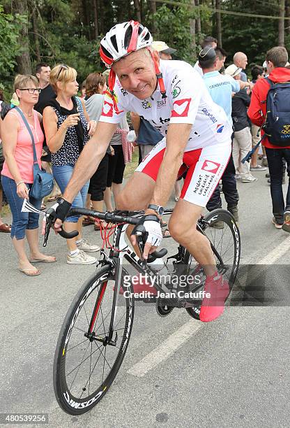 Patrick Poivre d'Arvor participates at a charity event benefitting 'Mecenat Chirurgie Cardiaque', riding the same stage as the professionals, an hour...