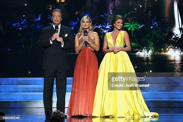Todd Newton, former Miss Wisconsin Alex Wehrley, and Miss USA 2014 Nia Sanchez speak onstage at the 2015 Miss USA Pageant Only On ReelzChannel at The...