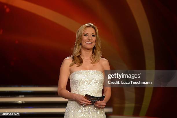 Stefanie Hertel performs during the 'Stefanie Hertel - Die grosse Show der Stars' Show at Jahrhunderthalle on March 25, 2014 in Leuna, Germany.