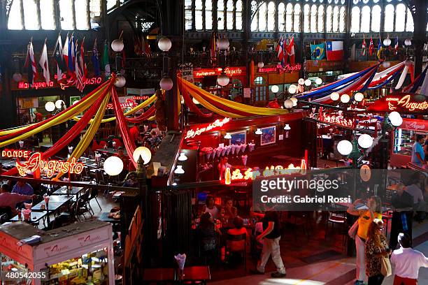 View of restaurants at central fish market of Santiago on March 17, 2014 in Santiago, Chile.