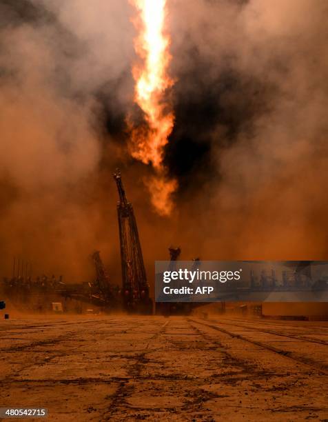 Russian Soyuz-FG rocket with the Soyuz TMA-12M spacecraft and a crew of US astronaut Steven Swanson, Russian cosmonauts Alexander Skvortsov and Oleg...