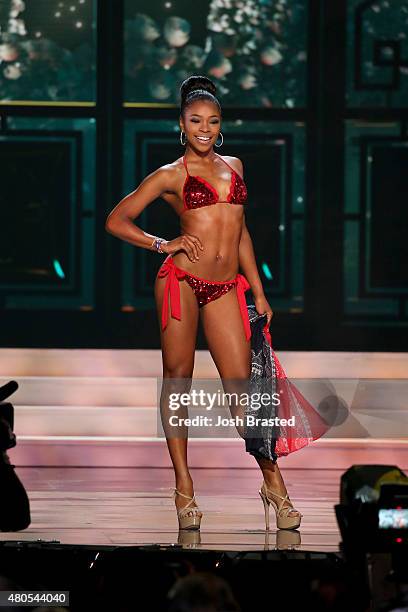 Miss Delaware Renee Bull poses onstage at the 2015 Miss USA Pageant Only On ReelzChannel at The Baton Rouge River Center on July 12, 2015 in Baton...