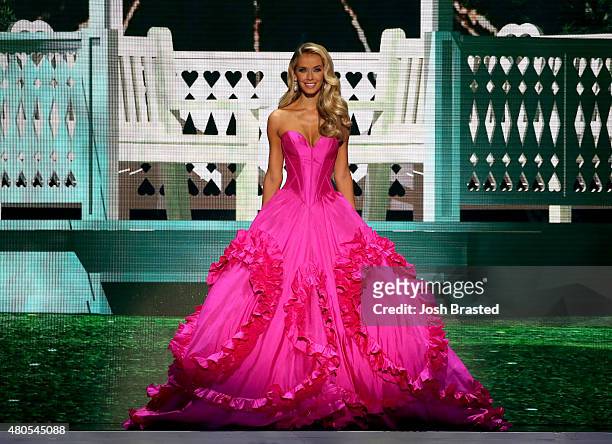Miss Oklahoma Olivia Jordan poses onstage at the 2015 Miss USA Pageant Only On ReelzChannel at The Baton Rouge River Center on July 12, 2015 in Baton...
