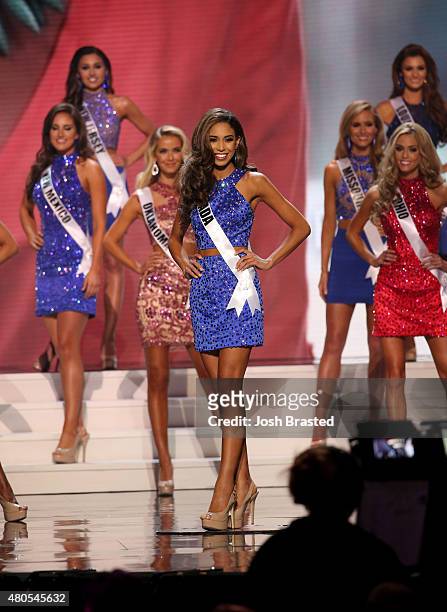 Miss Nevada Brittany McGowan walks onstage at the 2015 Miss USA Pageant Only On ReelzChannel at The Baton Rouge River Center on July 12, 2015 in...