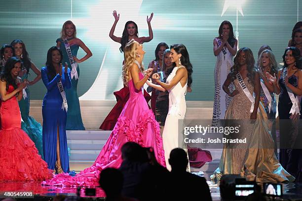 Miss USA Olivia Jordan and Miss Texas Ylianna Guerra onstage at the 2015 Miss USA Pageant Only On ReelzChannel at The Baton Rouge River Center on...