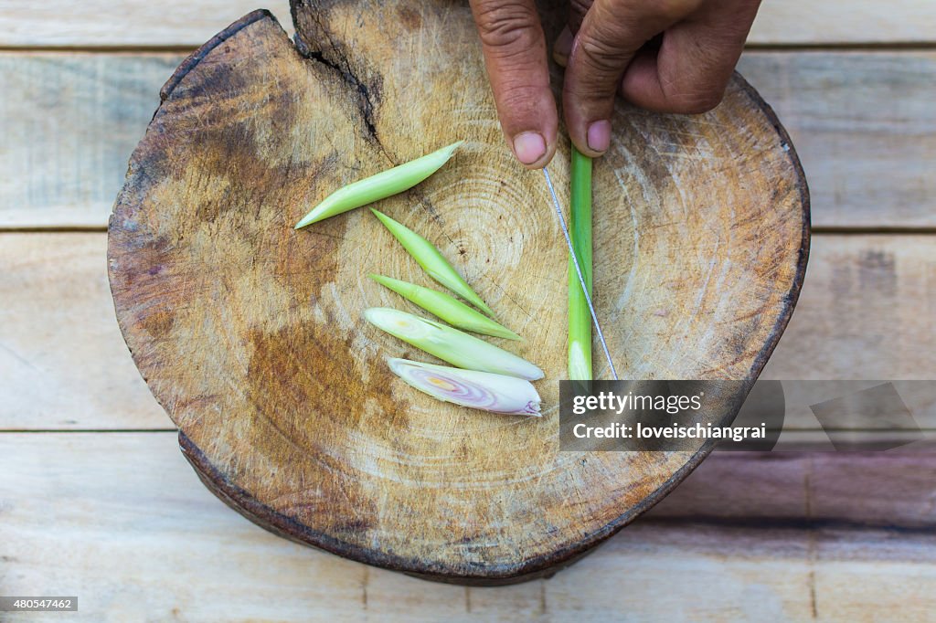 Set of fresh asian herbs on wood