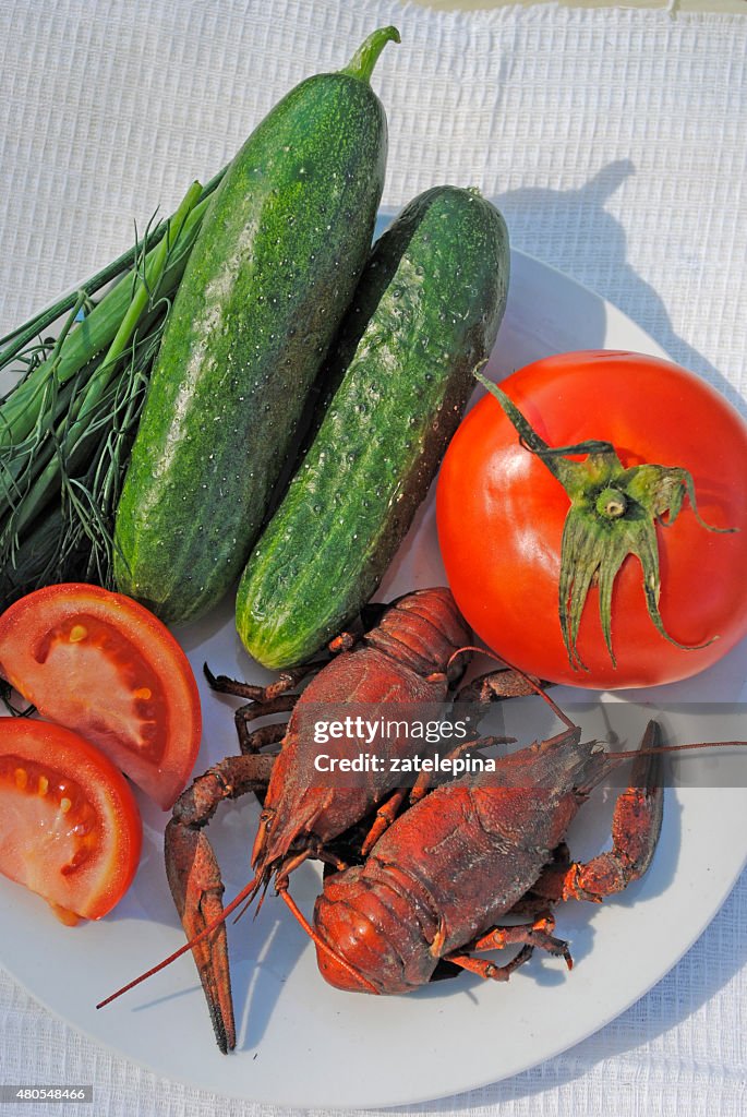 Boiled crayfish, tomato, cucumber, dill and green onions on plate