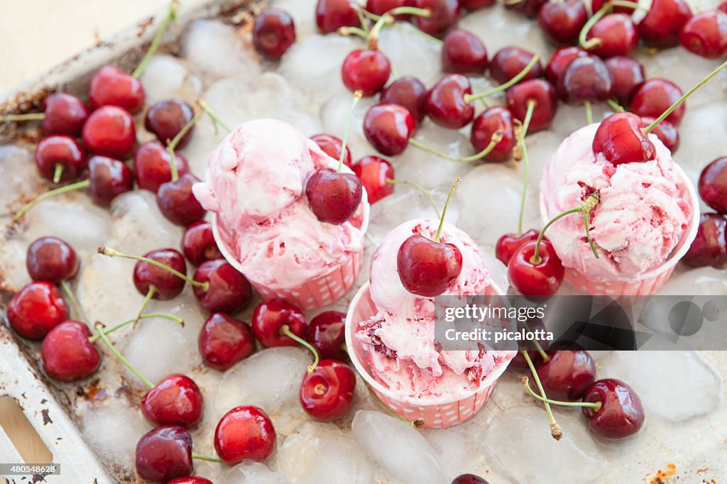 Creamy ice cream with cherries