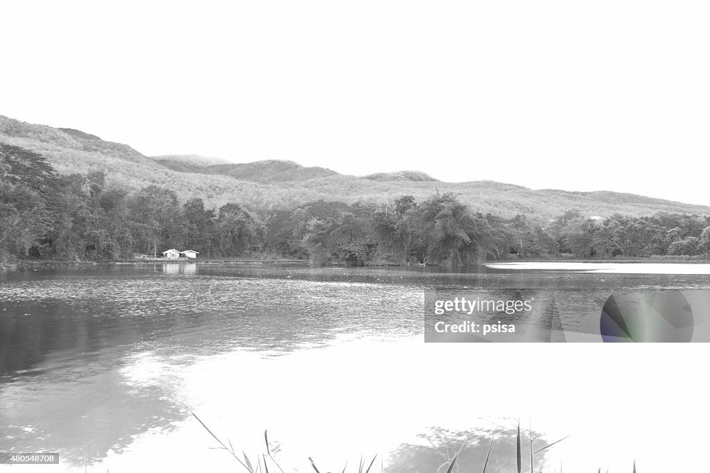 Scenic of the mountain and the pond, black and white