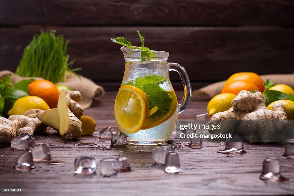 Cold citrusy lemonade in jug.