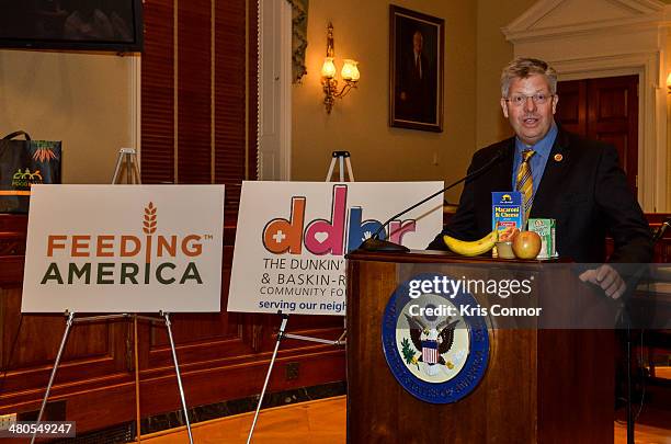 Randy Hultgren speaks during a press conference where Dunkin' Donuts and Baskin-Robbins Community Foundation presents Feeding America a $1 000 check...