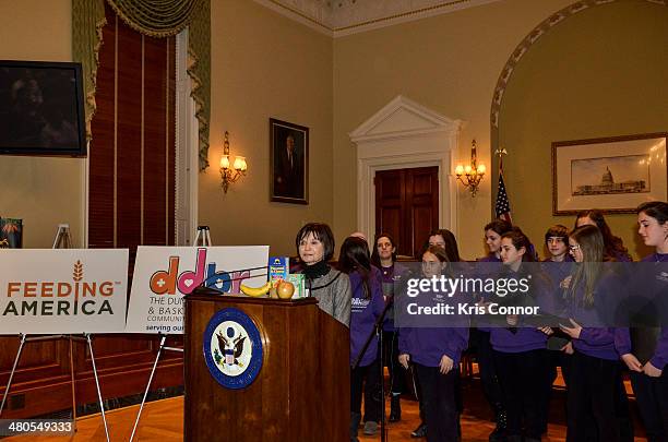 Co-Chair, The Dunkin' Donuts & Baskin-Robbins Community Foundation and Sr. VP Corporate Communications Karen Raskopf speaks during a press conference...