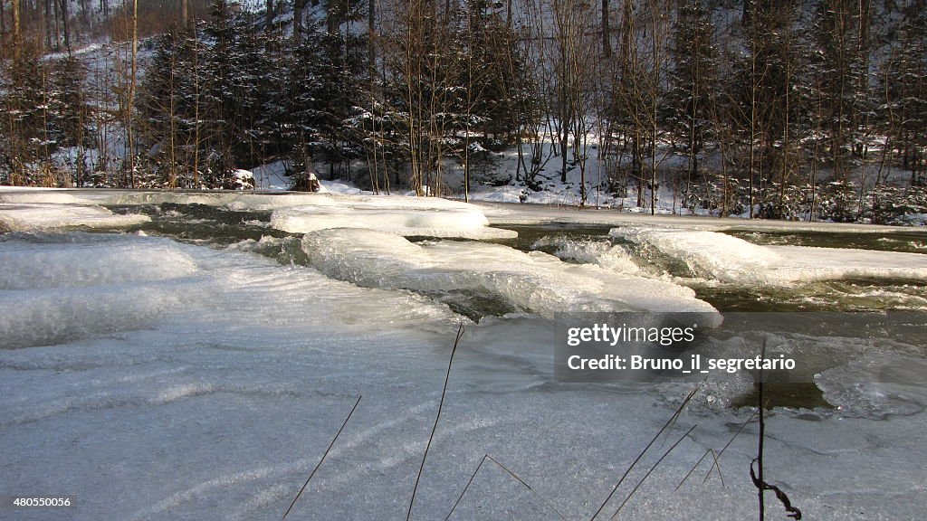 Ice on river Waldaist, near Pregarten, Upper Austria