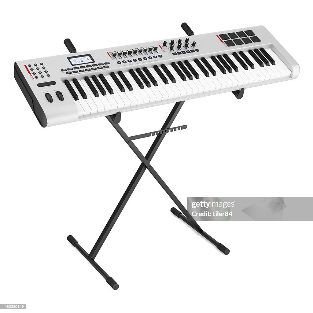Gray synthesizer auf stand isoliert auf weißem Hintergrund