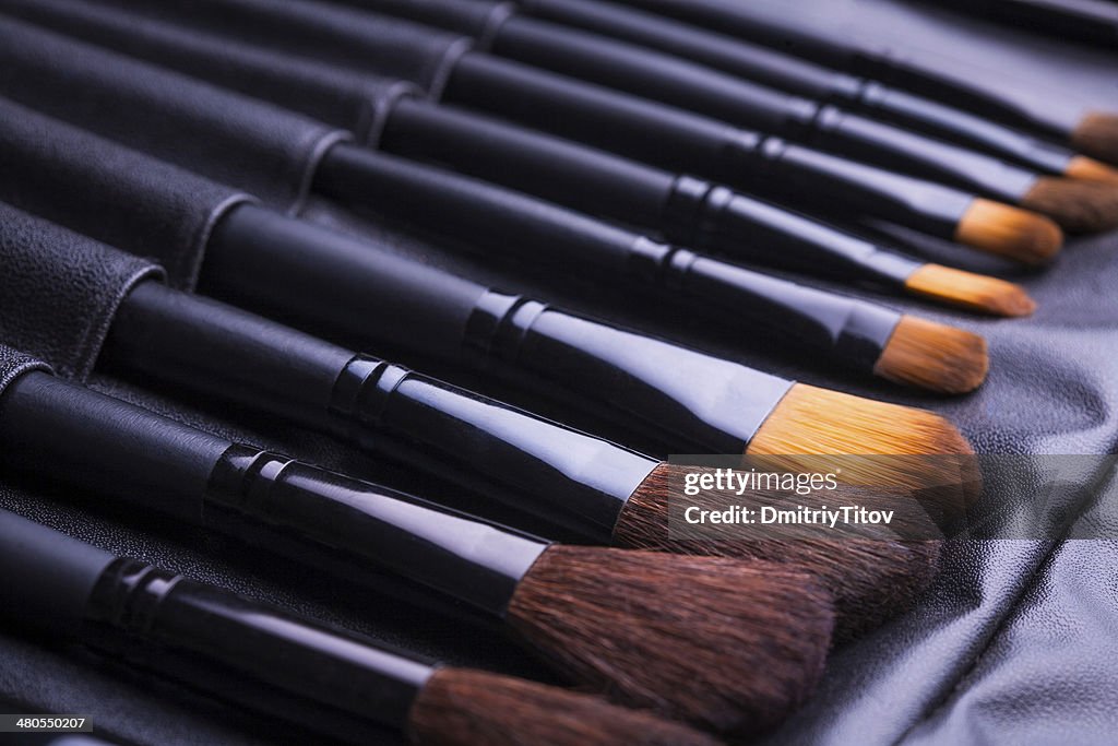 Set of black make-up brushes in row