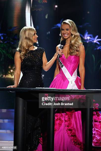 Hosts Former Miss Wisconsin Alex Wehrley speaks on stage with Miss Oklahoma Olivia Jordan at the 2015 Miss USA Pageant Only On ReelzChannel at The...