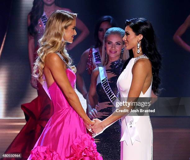 Miss Oklahoma Olivia Jordan and Miss Texas Ylianna Guerra onstage at the 2015 Miss USA Pageant Only On ReelzChannel at The Baton Rouge River Center...