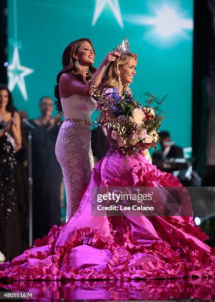 Miss USA Olivia Jordan of Oklahoma is crowned on stage at the 2015 Miss USA Pageant Only On ReelzChannel at The Baton Rouge River Center on July 12,...