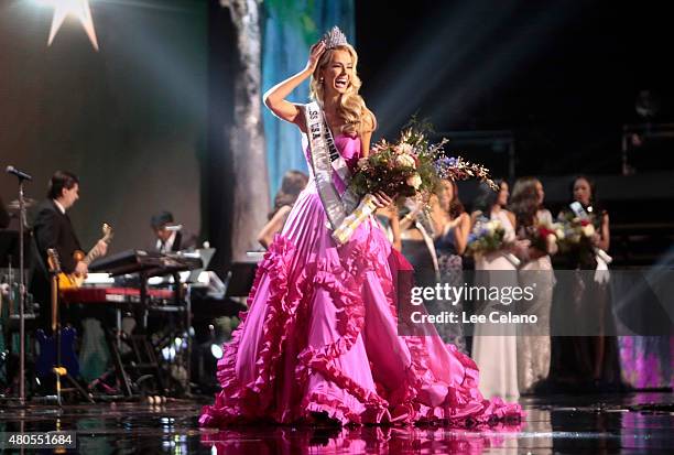 Miss USA Olivia Jordan of Oklahoma is crowned on stage at the 2015 Miss USA Pageant Only On ReelzChannel at The Baton Rouge River Center on July 12,...